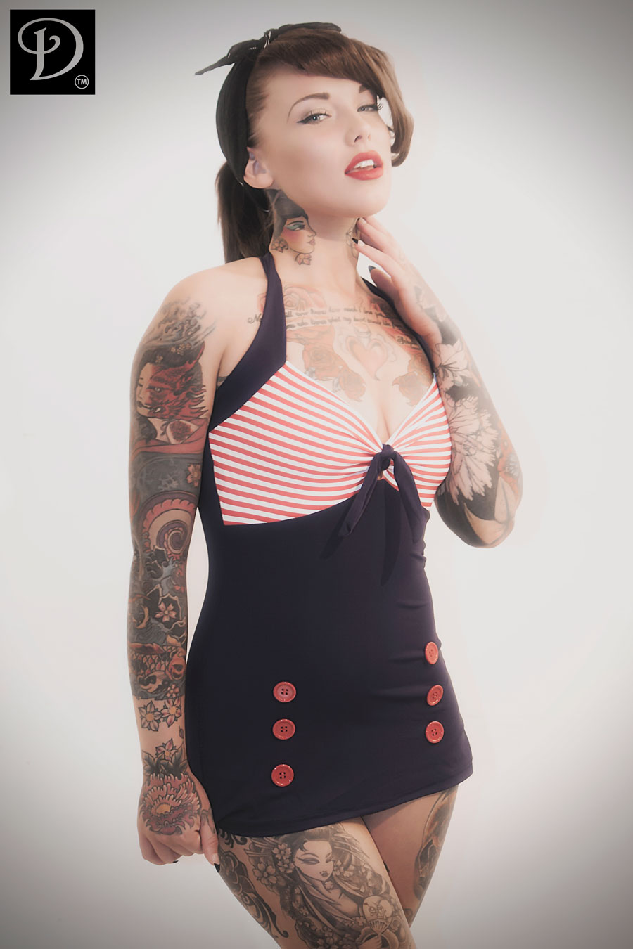 Navy Blue Pin Up Swimsuit with red stripes