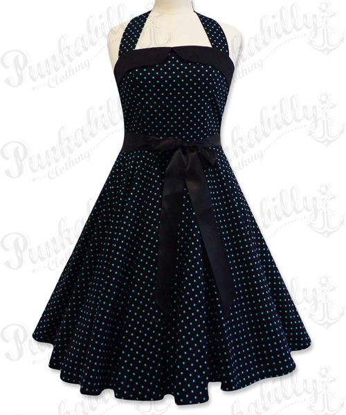 Black swing dress with small blue polka dots