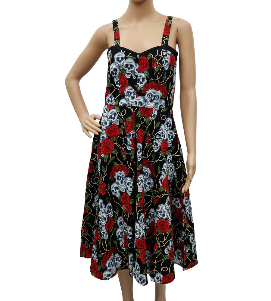 Rockabilly Style Skulls & Roses Black Dress