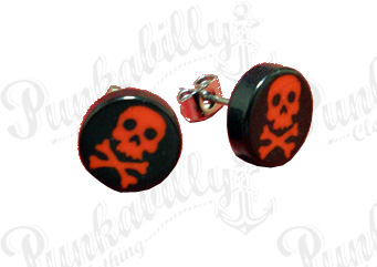 Black Ear studs with Red Cross Bones Skulls.