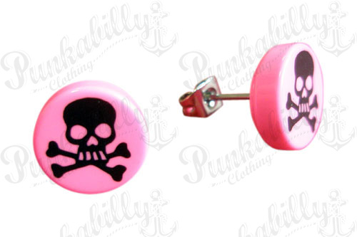 Pink & Black Crossbones Skull Ear Studs