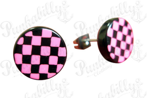 Pink & Black Check Ear Studs