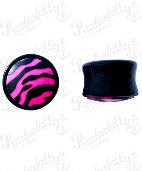 Pink acrylic plug with enamel zebra design