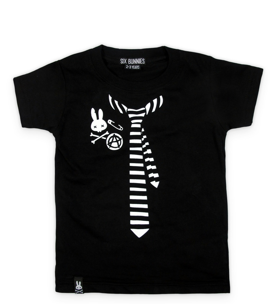 black punk t-shirt with illustrative striped necktie