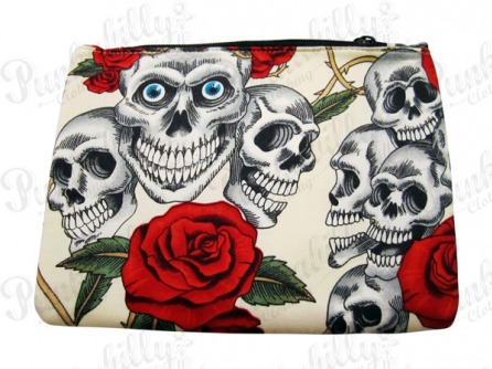 Cream Rockabilly Pouch with Skulls and Rosses