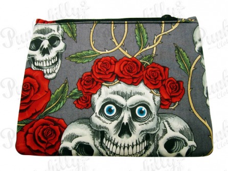 Gray Rockabilly Pouch with Skulls and Rosses
