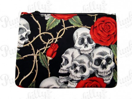 Black Rockabilly Pouch with Skulls and Rosses