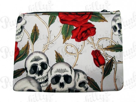 Light Blue Rockabilly Pouch with Skulls and Rosses