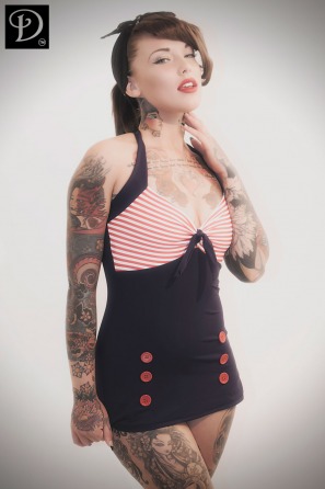 Navy Blue Pin Up Swimsuit with red stripes