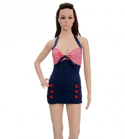 Navy Blue Pin Up Swimsuit with red stripes