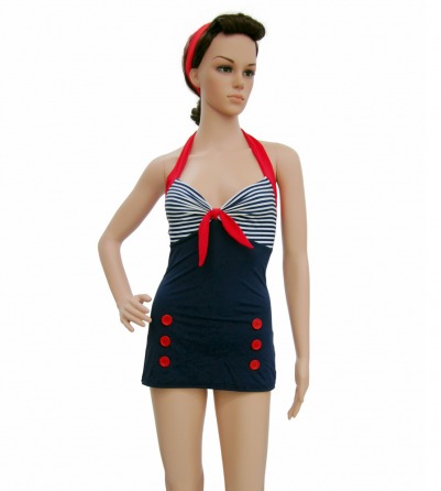 Navy Blue Pin Up Swimsuit with stripes