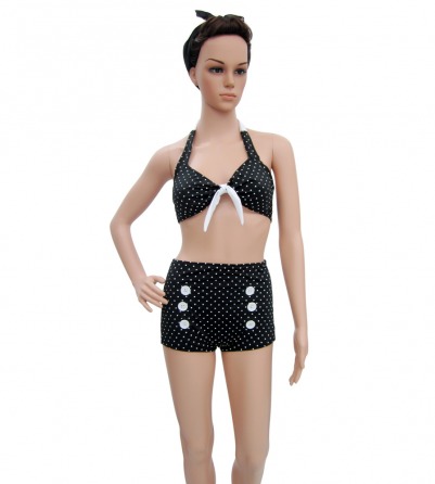 White Polka Dots Vintage Pinup black Bikini