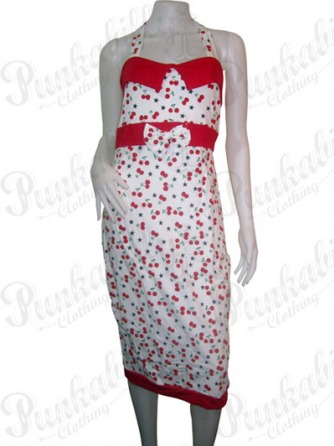 White Rockabilly cherry Dress with cute ribbon
