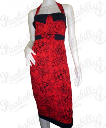 Red Rockabilly Dress with Tattoo Print & a Bow