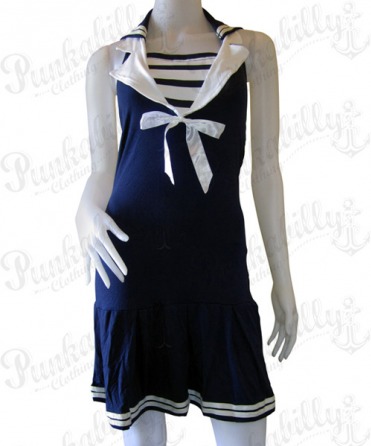 Navy Blue Rockabilly Sailor Dress with stripes & bow