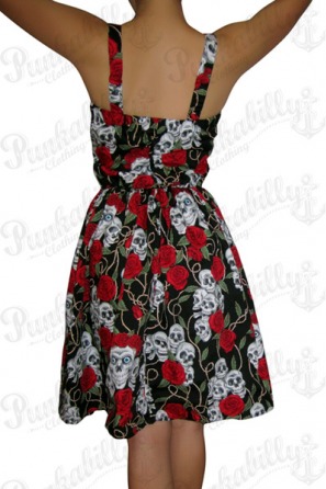 Skulls & Roses Rockabilly Dress with White Buttons