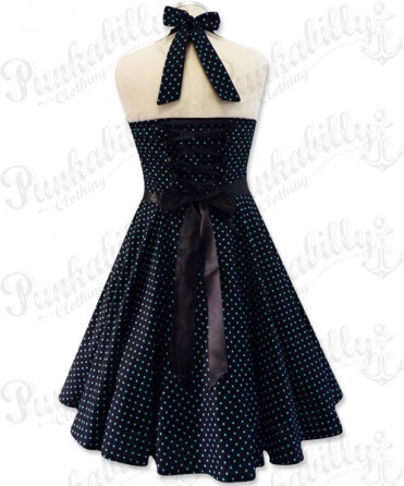 Black swing dress with small blue polka dots