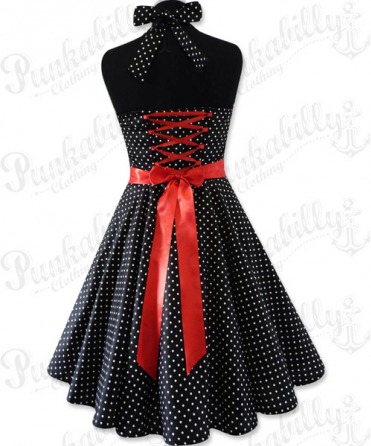 Black swing dress with white polka dots