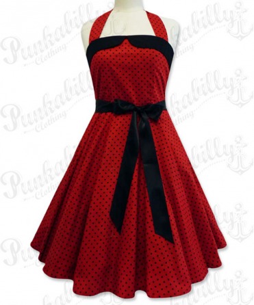 Red swing dress with black polka dots