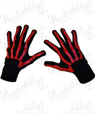 Black Gloves with Red Skeleton Design