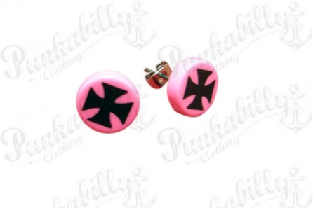 Pink & Black Iron Cross Punk Ear Studs