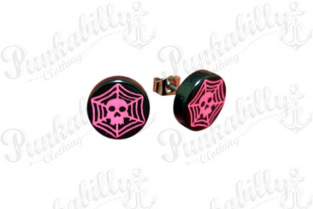 Black & Pink Spiderweb Skull Ear Studs
