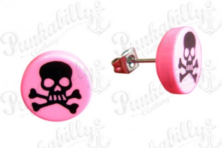 Pink & Black Crossbones Skull Ear Studs