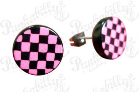 Pink & Black Check Ear Studs